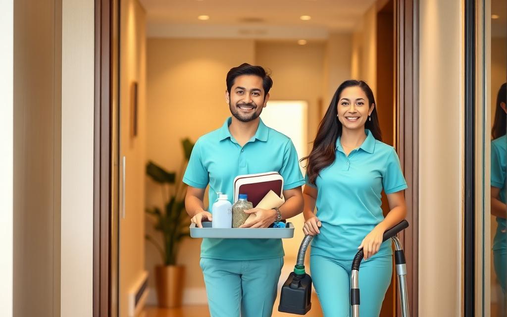 Cleaners arriving at a condo door with supplies