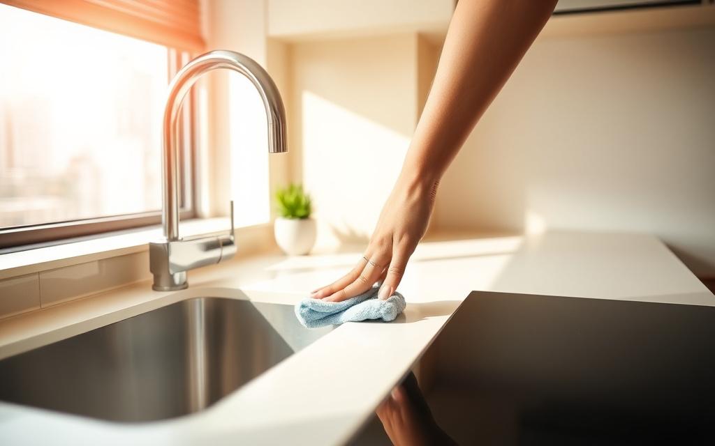 Cleaner wiping kitchen counters in a Kuala Lumpur condo