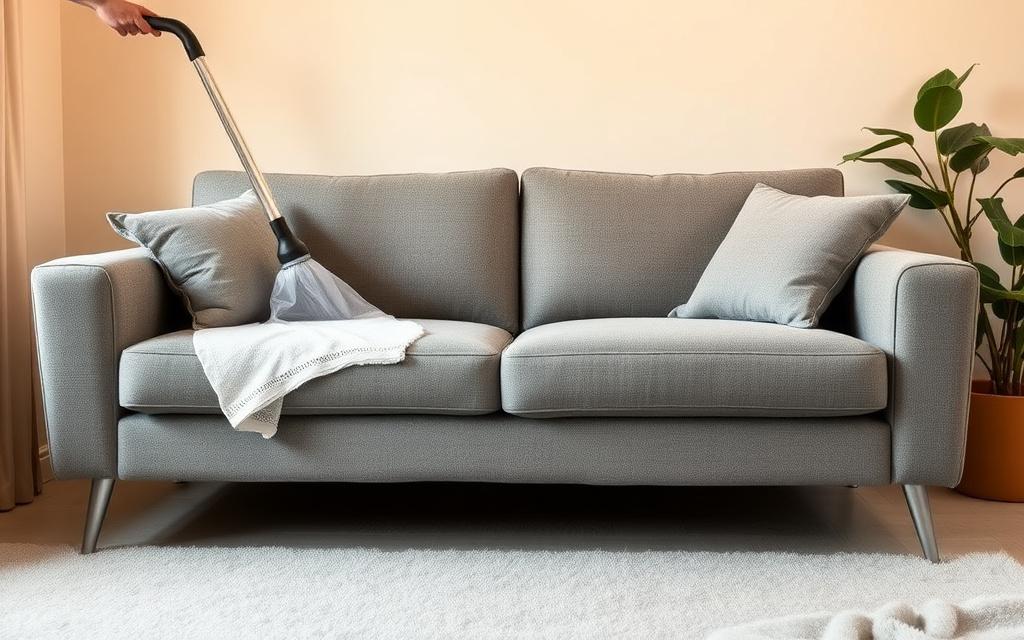 Upholstery extraction machine on a fabric sofa