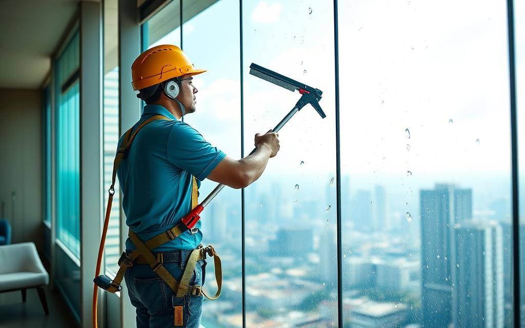 Window cleaner squeegeeing a high-rise balcony pane